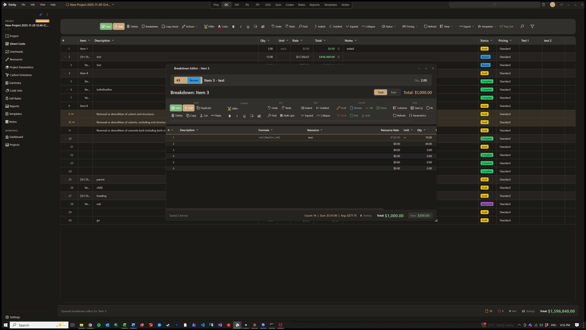 Trinity Breakdown Editor — formula column with line references and resource rates