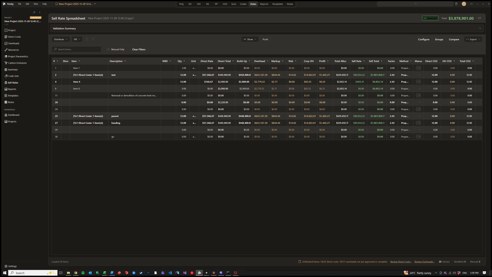 Trinity Sell Rate Spreadsheet — rate validation across the project